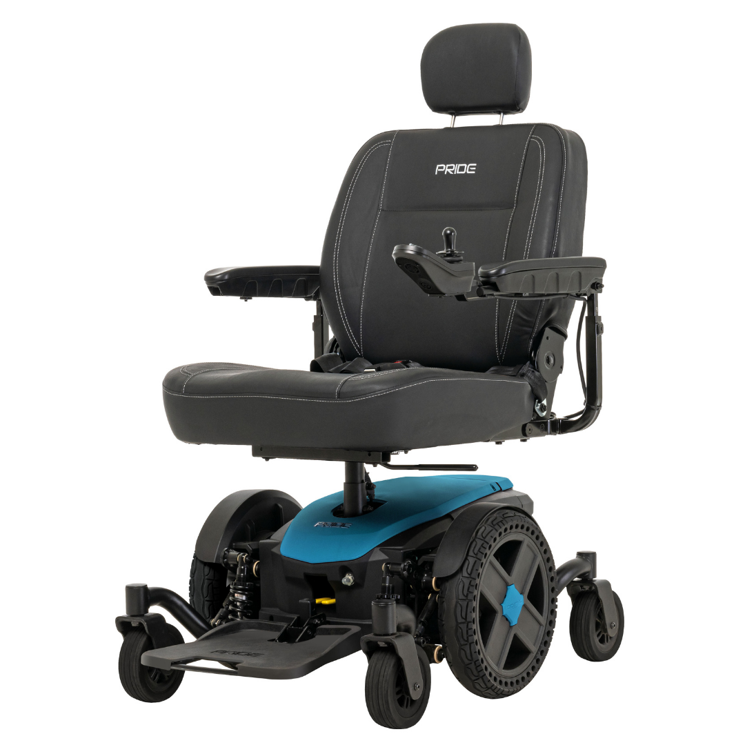 The Pride Mobility Jazzy® EVO 614 HD Bariatric Powerchair with ATX Suspension is a black and blue heavy-duty power wheelchair featuring a padded seat, headrest, armrests, right-arm joystick control, large rear wheels, and smaller front wheels.